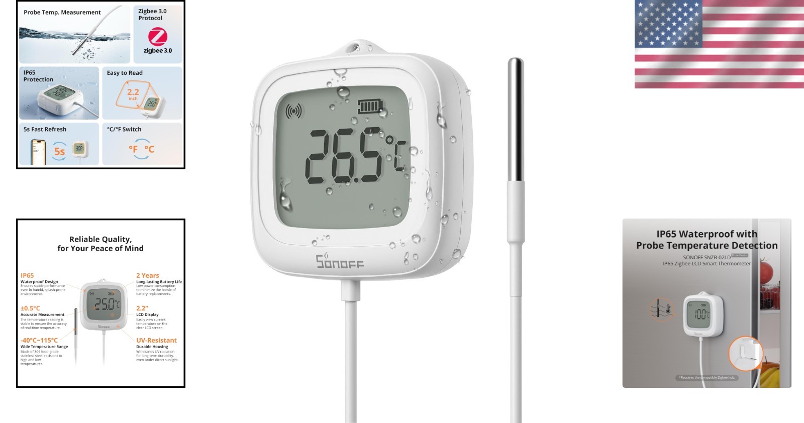 Stainless Steel Probe Temp Sensor, APP Monitoring, -40~115°C