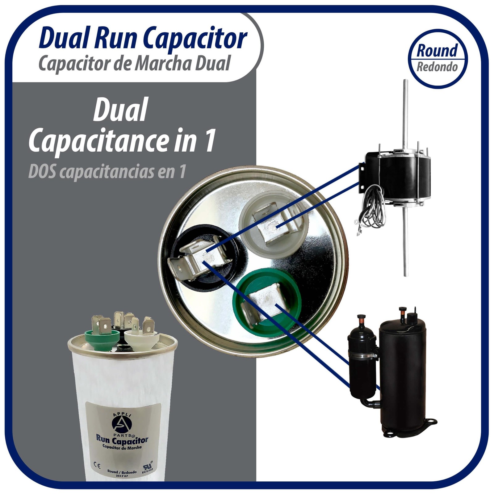 Appli Parts Dual Run Capacitor for ac 40+10 Mfd uF (microfarads) 370VAC CBB65 Ro