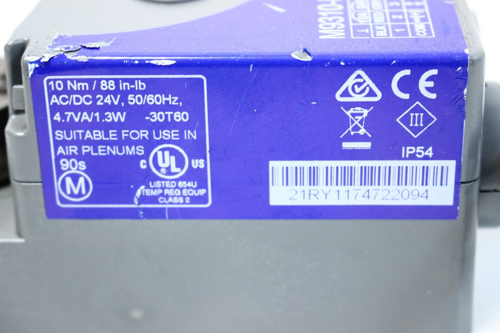 JOHNSON CONTROLS M9310-HGA-2 Damper Actuator, 88 in.-lb. Torque Tested JC