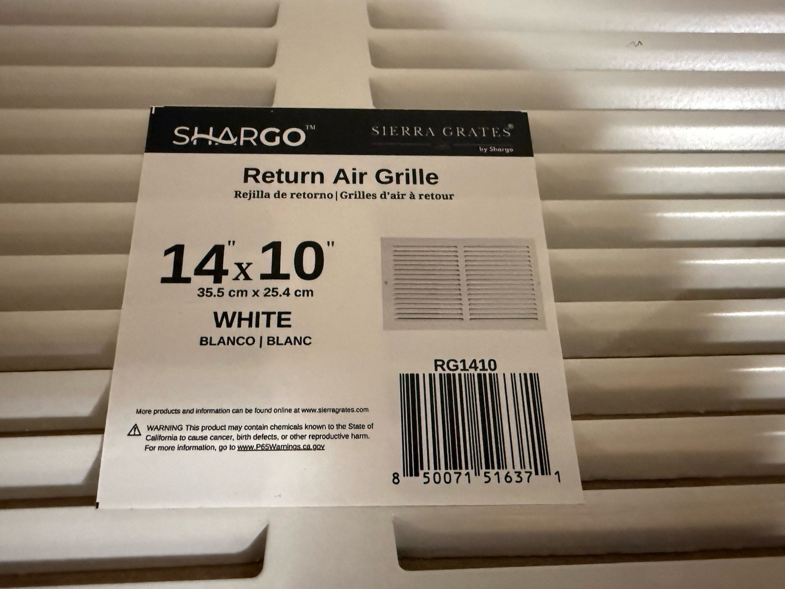 Shargo 14in x 10in Return Air Grille Cover- White-New
