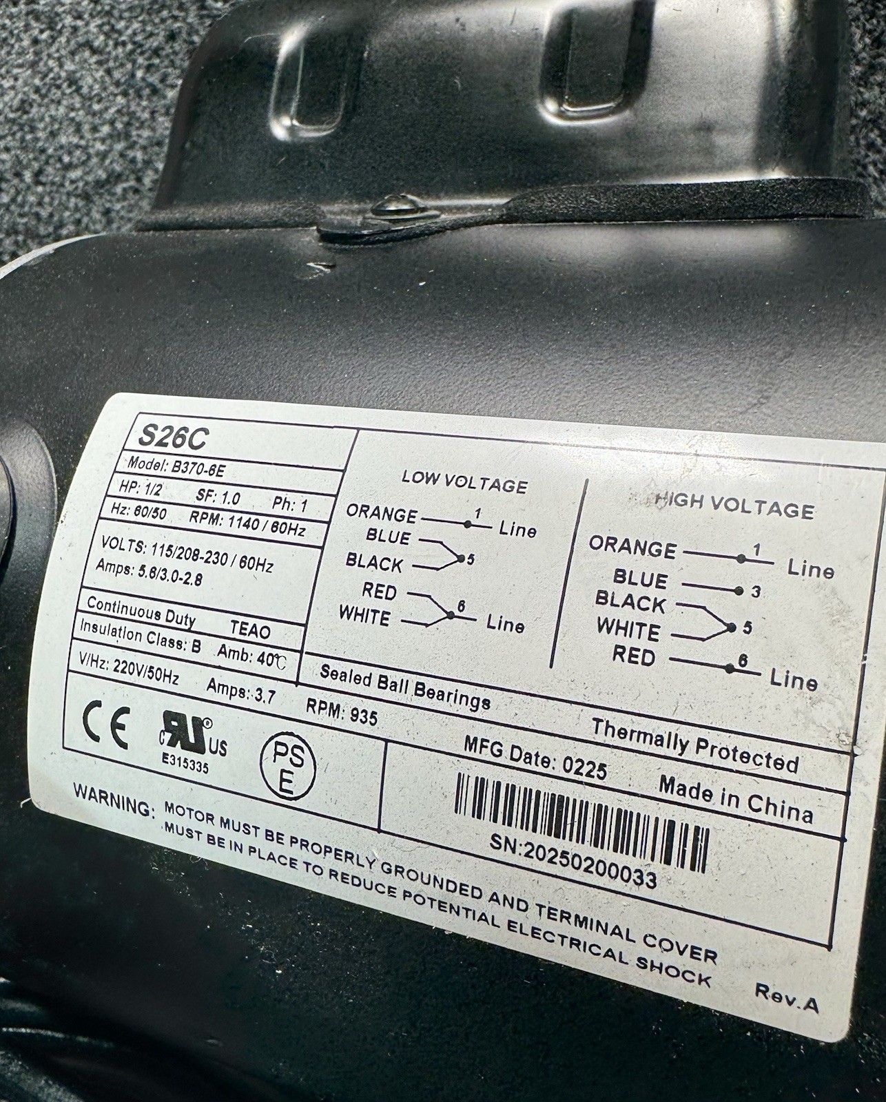 Dayton B370-6E Agricultural Fan Motor 115/230V AC, 1/2 HP, Hessaire S26C