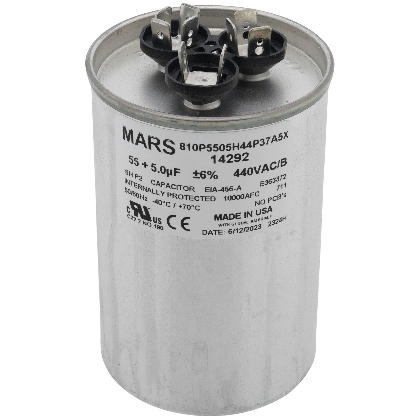 Mars Round Motor Run Capacitor 14292 | 55/5 MFD 440/370 VAC Aluminum USA
