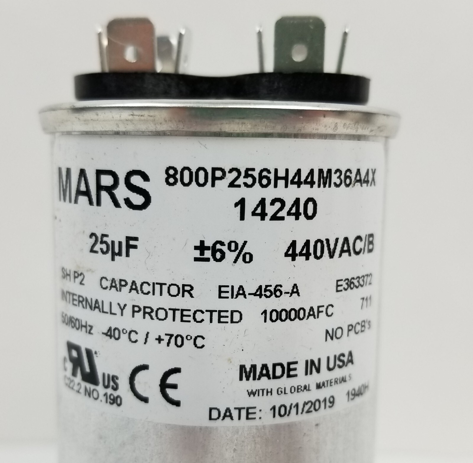 Mars 14240 800P256H44M36A4X HVAC Motor Run Capacitor 25 MFD 440Vac 6% 50/60Hz