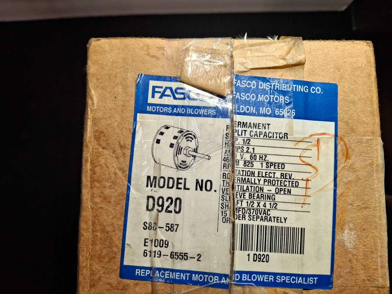 Fasco #D920 Condenser Fan Motor 1/2HP 825RPM 460V 2.1A Open Air Over 48Y Frame