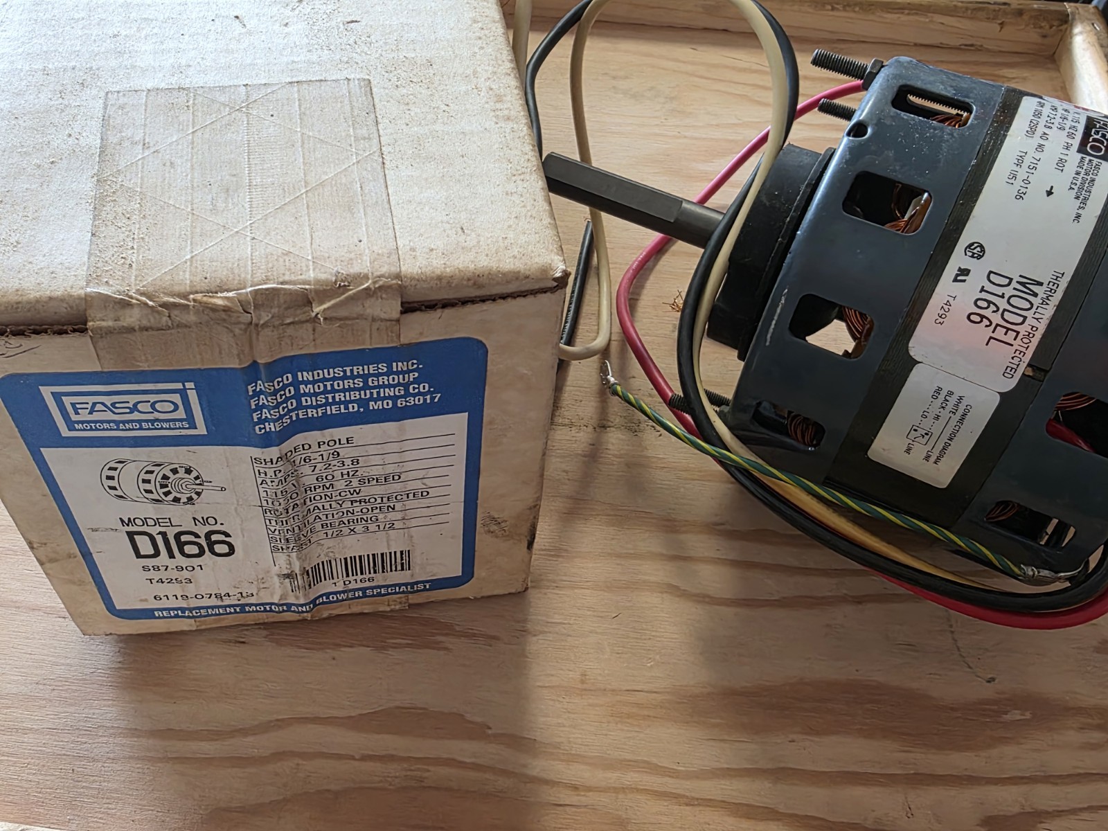 NEW Fasco D166 Blower Motor 1/6-1/9 HP 115V 1050 RPM 2-Speed Shaded Pole NOS￼