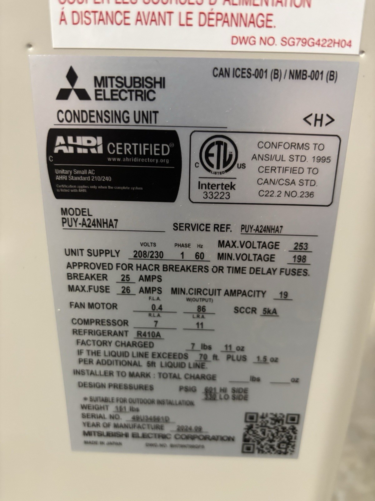 Mitsubishi Electric PUY-A24NHA7 Control Board 208/230V 25A PUYA24NHA7