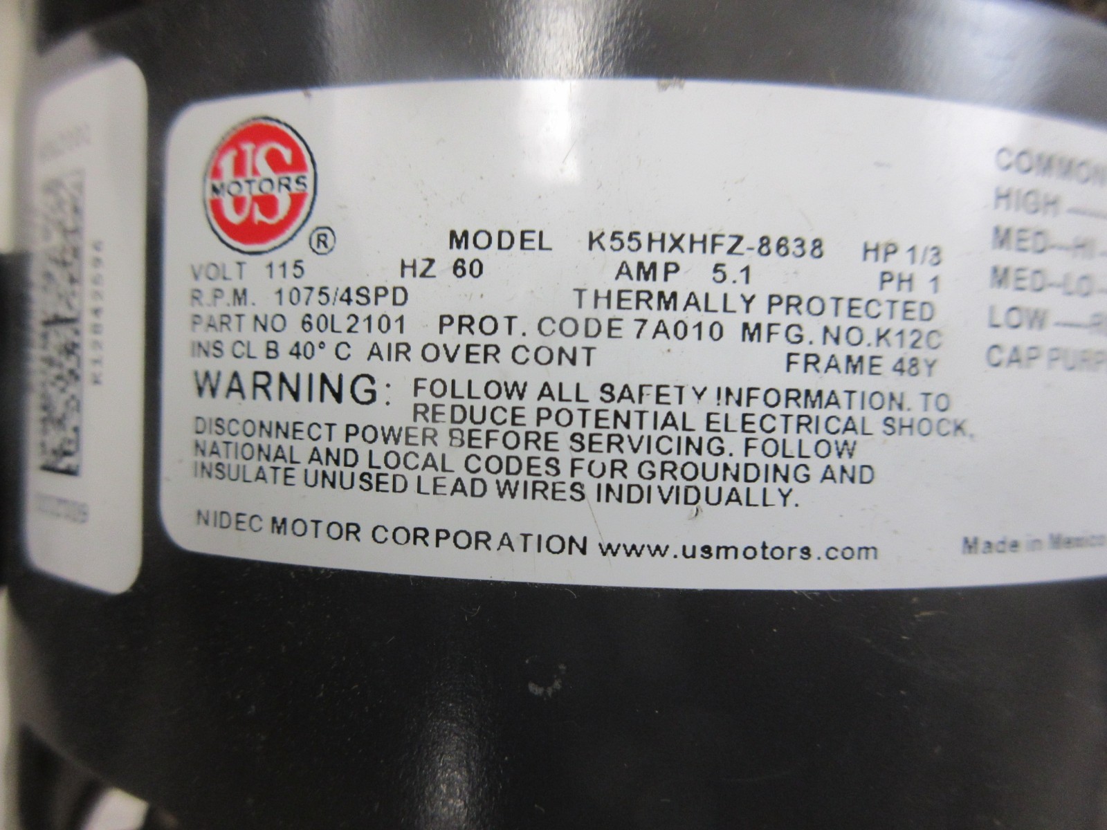 1/3 HP 60L2101 LENNOX ARMSTRONG US MOTORS K55HXHFZ-8638 BLOWER MOTOR 115V 4 SPD