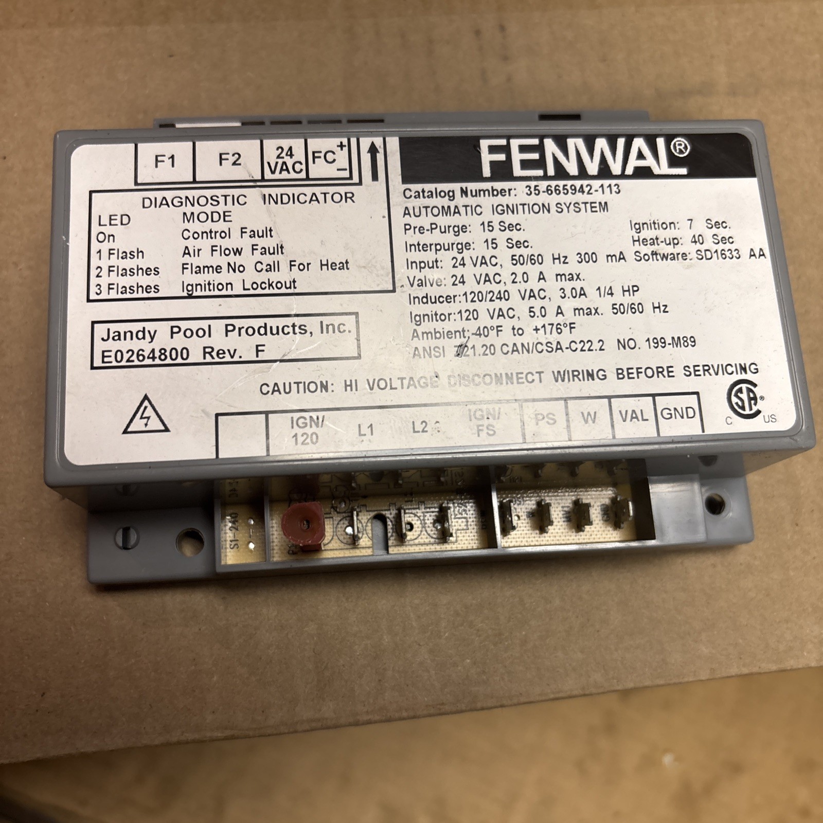 FENWAL 35-665942-113 Jandy E0264800 Automatic Ignition Control “30 Day Warranty