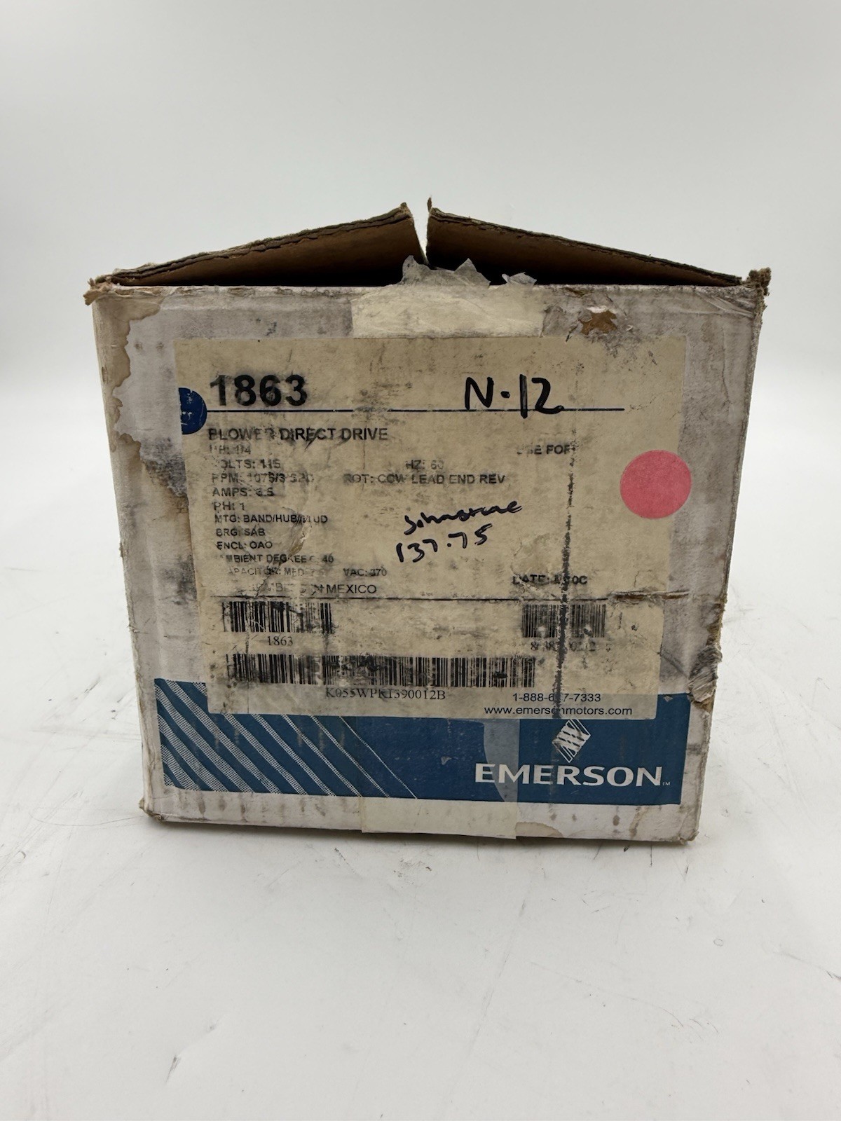 1/4HP 1863 EMERSON K55HXWPR-1390 FURNACE BLOWER MOTOR 115V 1075 RPM #N12
