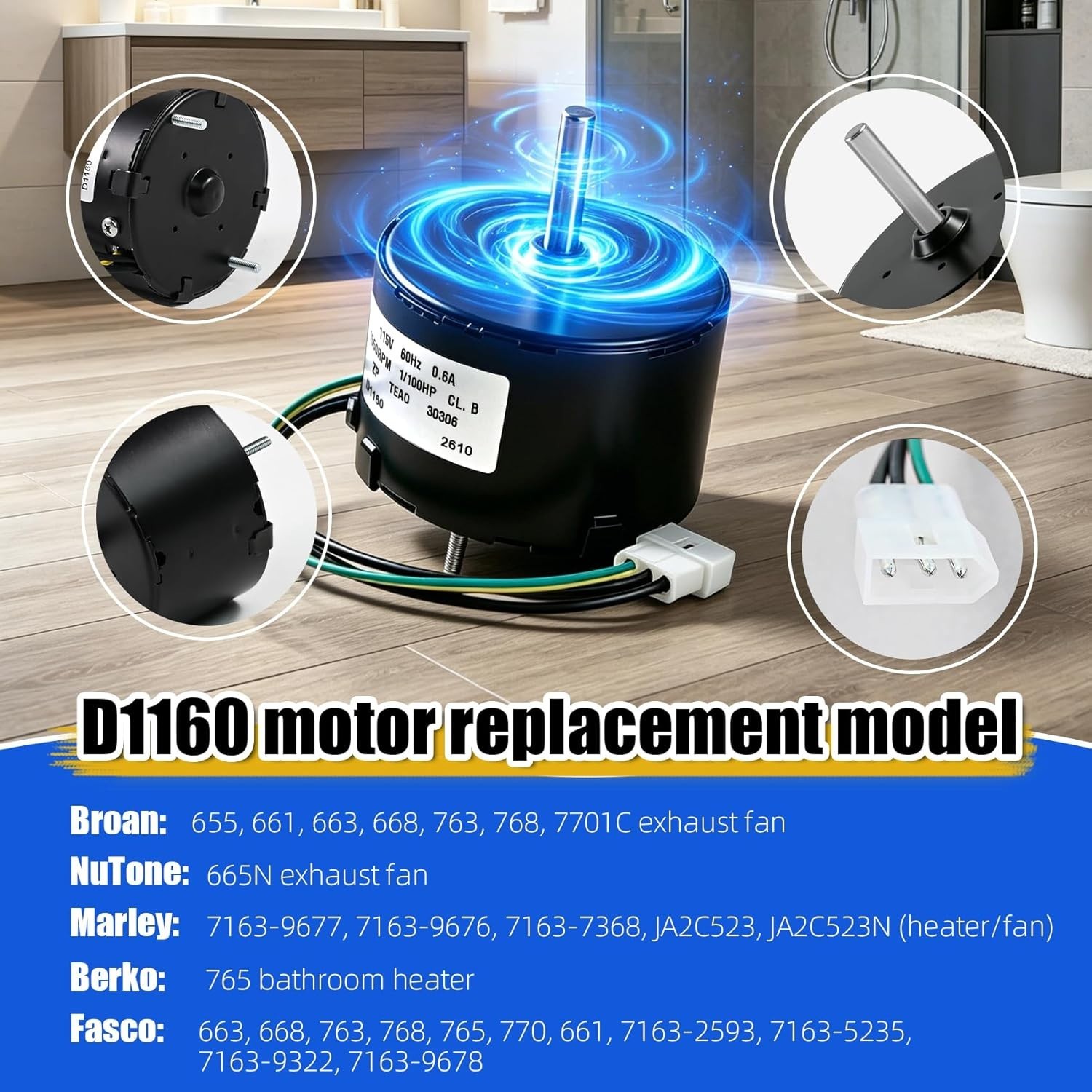 Condenser Fan Motor for Fasco D1160, 1/100HP Broan Nutone 655 661 663 763 665N