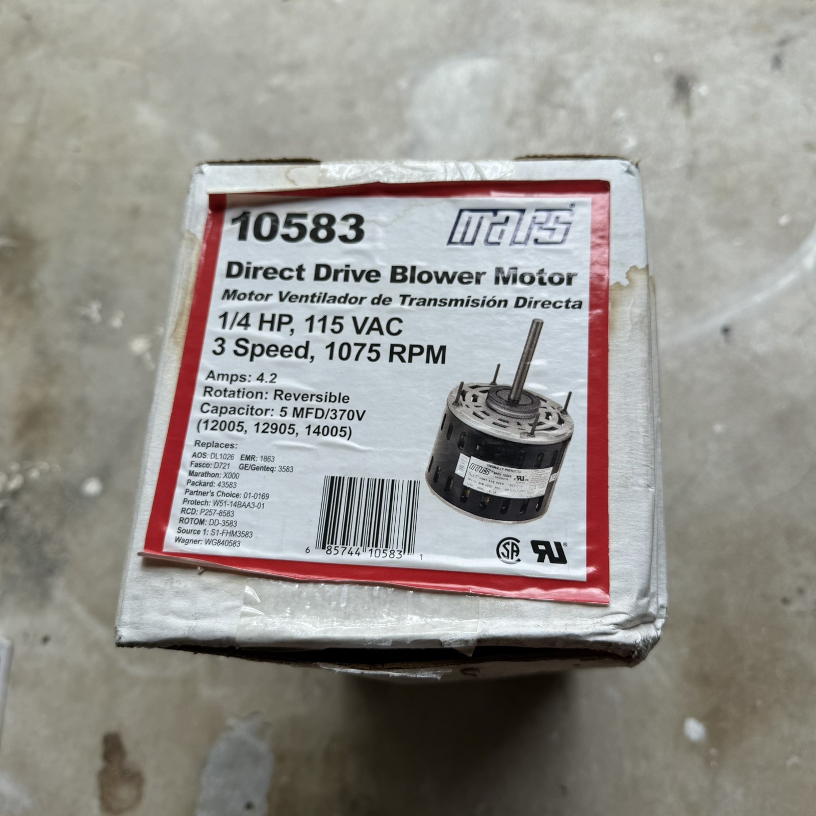 Mars 10583 3 Speed Direct Drive Blower Motor 1/4 HP 115 VAC