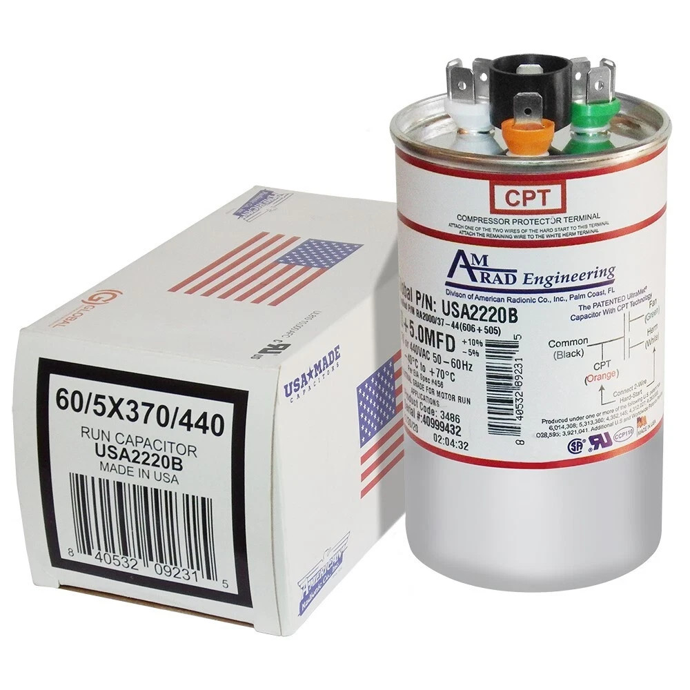 AMRAD USA Amrad Run Capacitor 60 + 5 uf MFD 370/440 Volt USA2220B