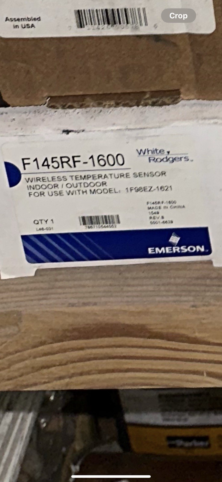 Emerson F145RF-1600 Wireless Temp Sensor Indoor/outdoor White Rodgers