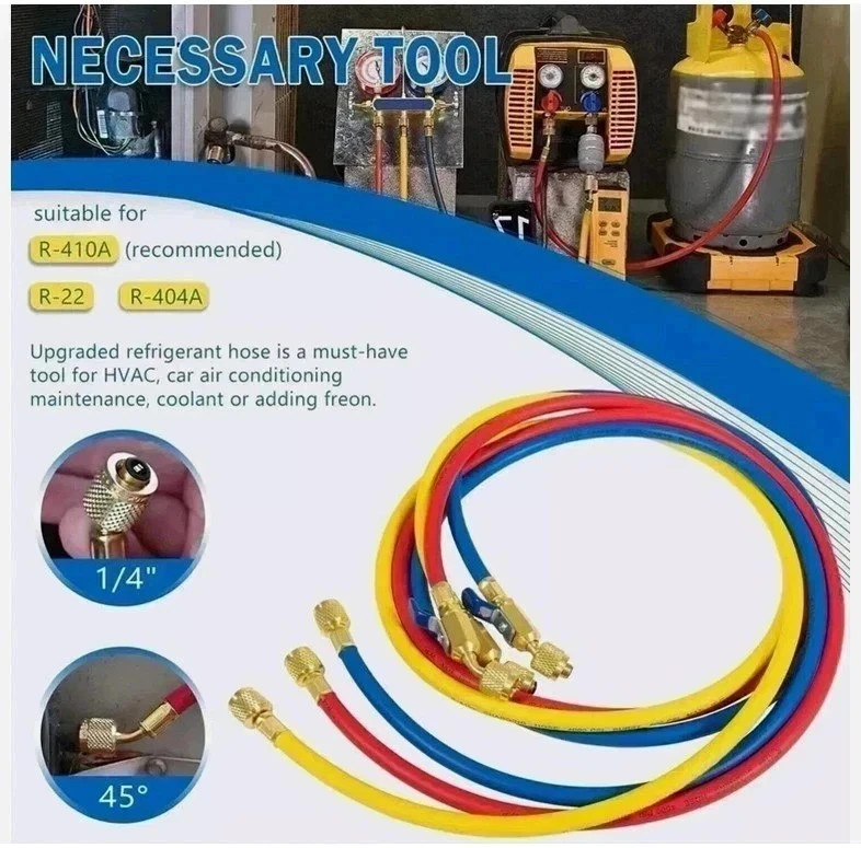 72″ HVAC Charging Hose Set (3-Pack) – 1/4″ SAE w/ Compact Ball Valves – 800 PSI
