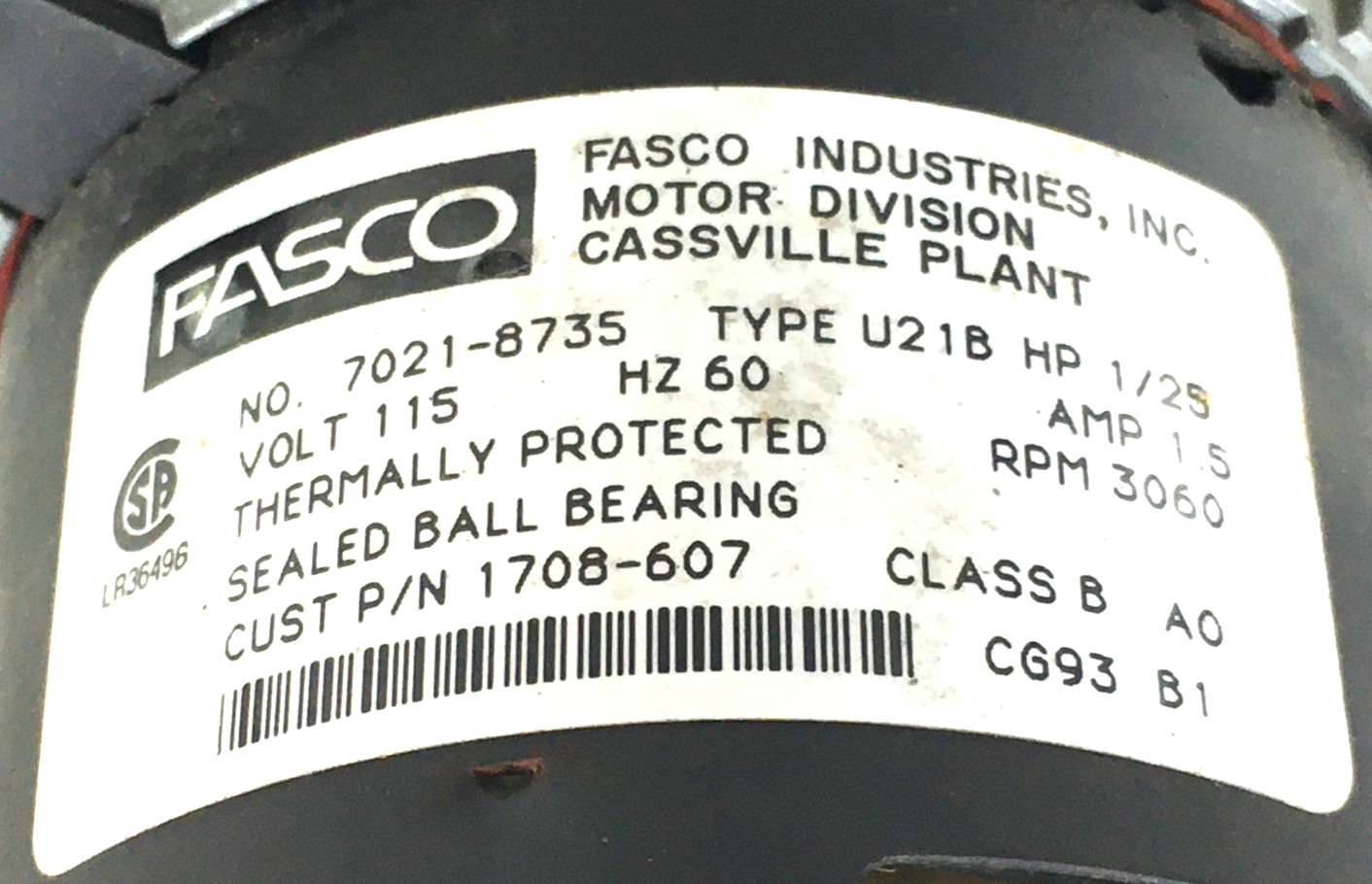 FASCO 7021-8735 1708-607 Draft Inducer Blower Motor Assembly 115V used #MG928