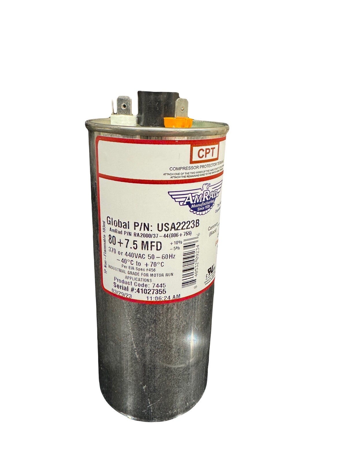 80 + 7.5 MFD AmRad Run Capacitor – Latest Model 370/440VAC – Genuine USA Made