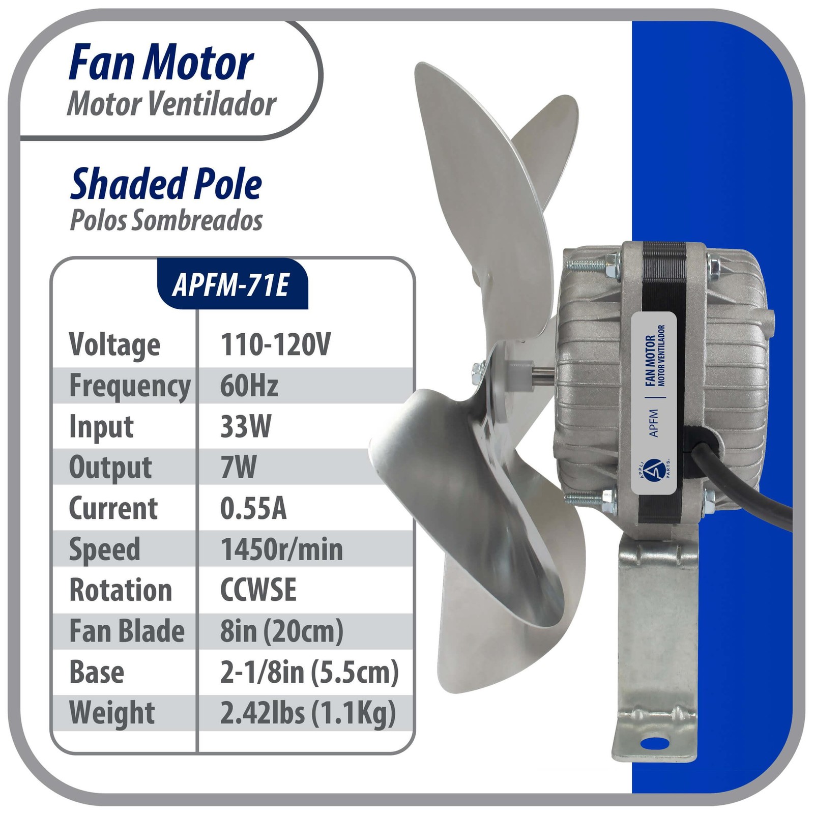 Appli Parts APFM-71E 7W refrigeration condenser and evaporator motor 115V 60Hz 0