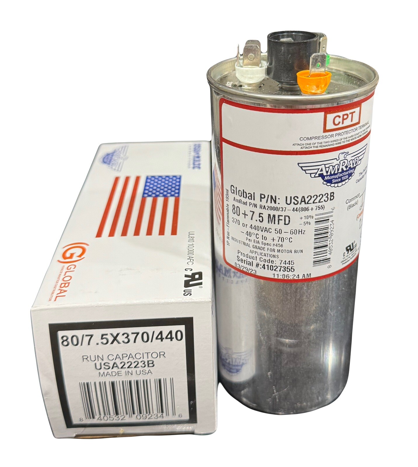 80 + 7.5 MFD AmRad Run Capacitor – Latest Model 370/440VAC – Genuine USA Made