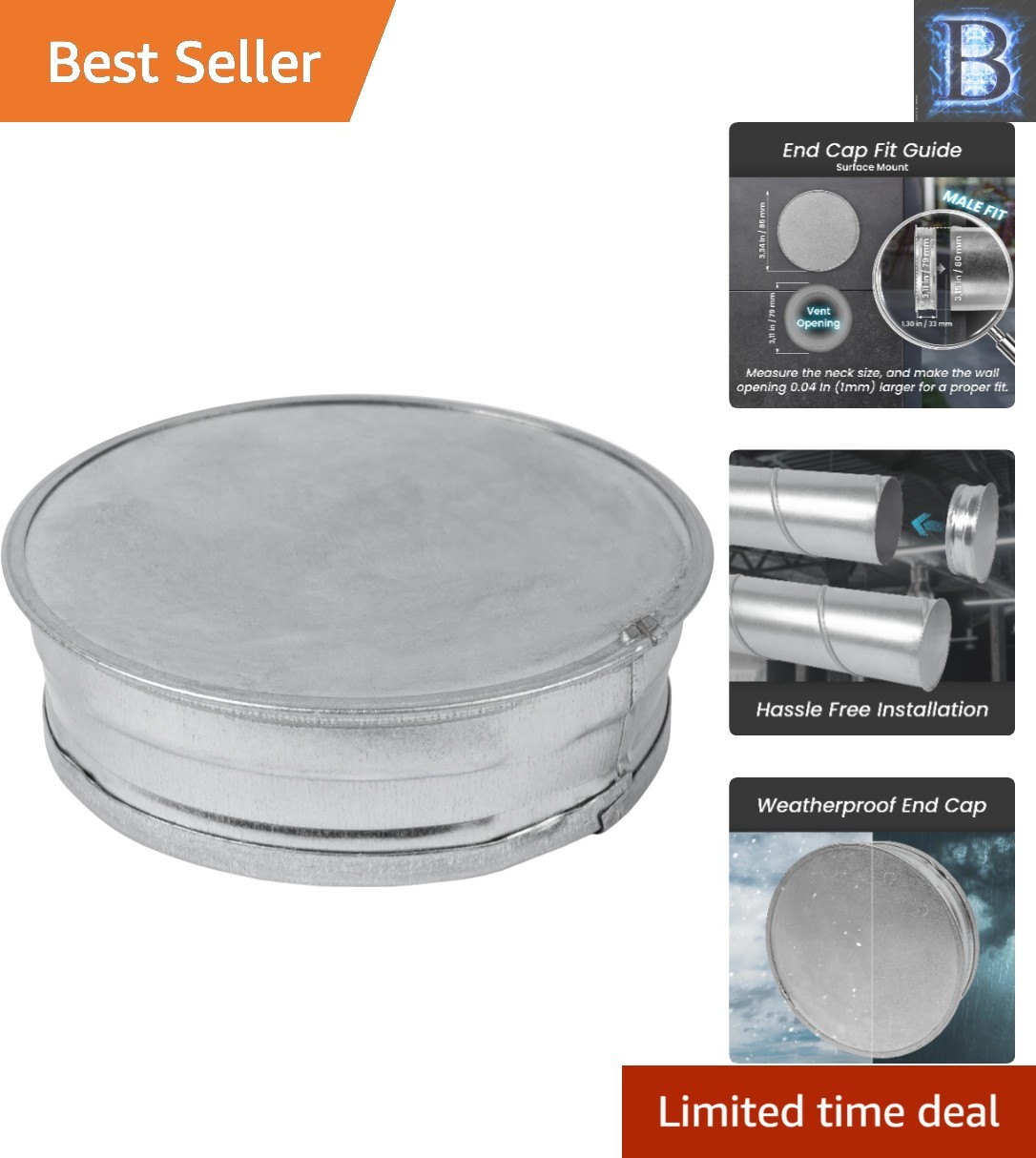 Galvanized Steel 3 Inch Duct Cap – Indoor & Outdoor Weatherproof Vent Cover