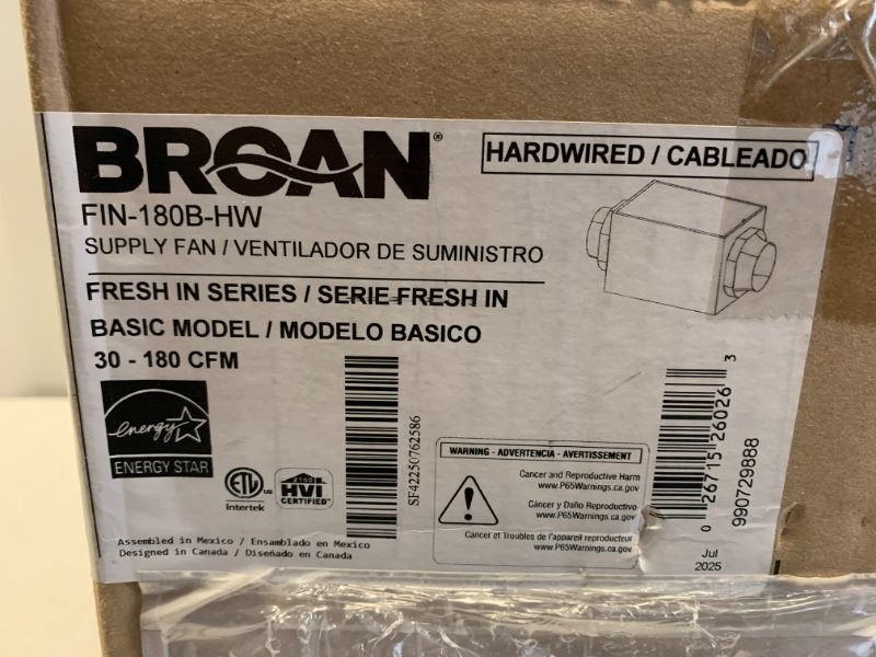Broan FIN-180B-HW Supply Fan 180 CFM 120V 6″ Round