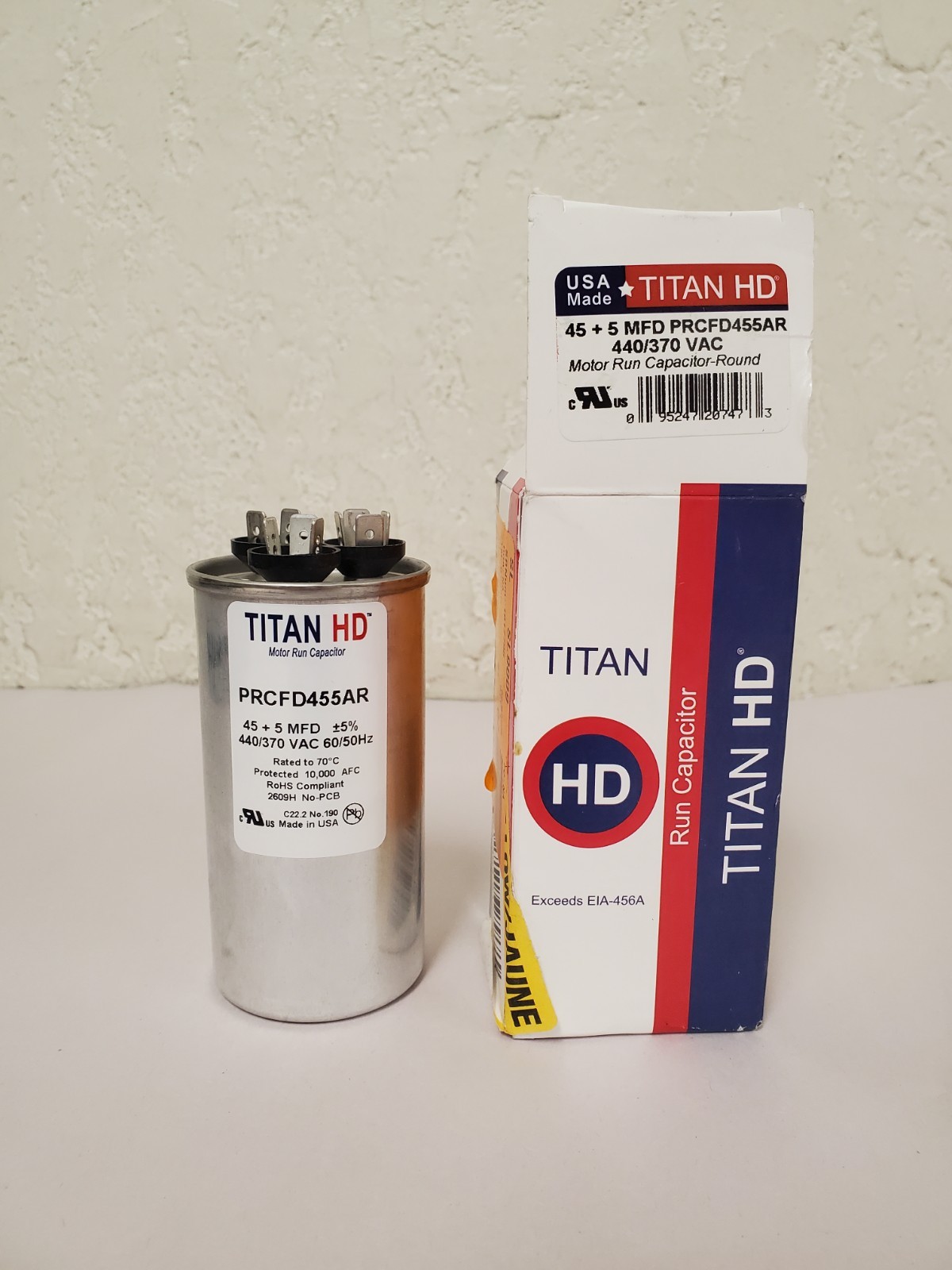 TITAN HD 45 Plus 5 MFD, 440V/370V Dual Voltage Round Run Capacitor (PRCFD455AR)