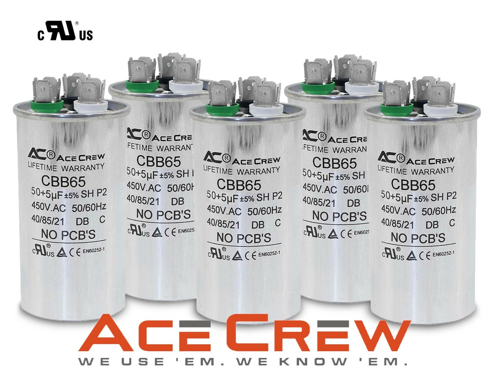 Lot of 5 Dual Run Capacitor 50/5 MFD 450VAC for HVAC system – AceCrew CBB65 –