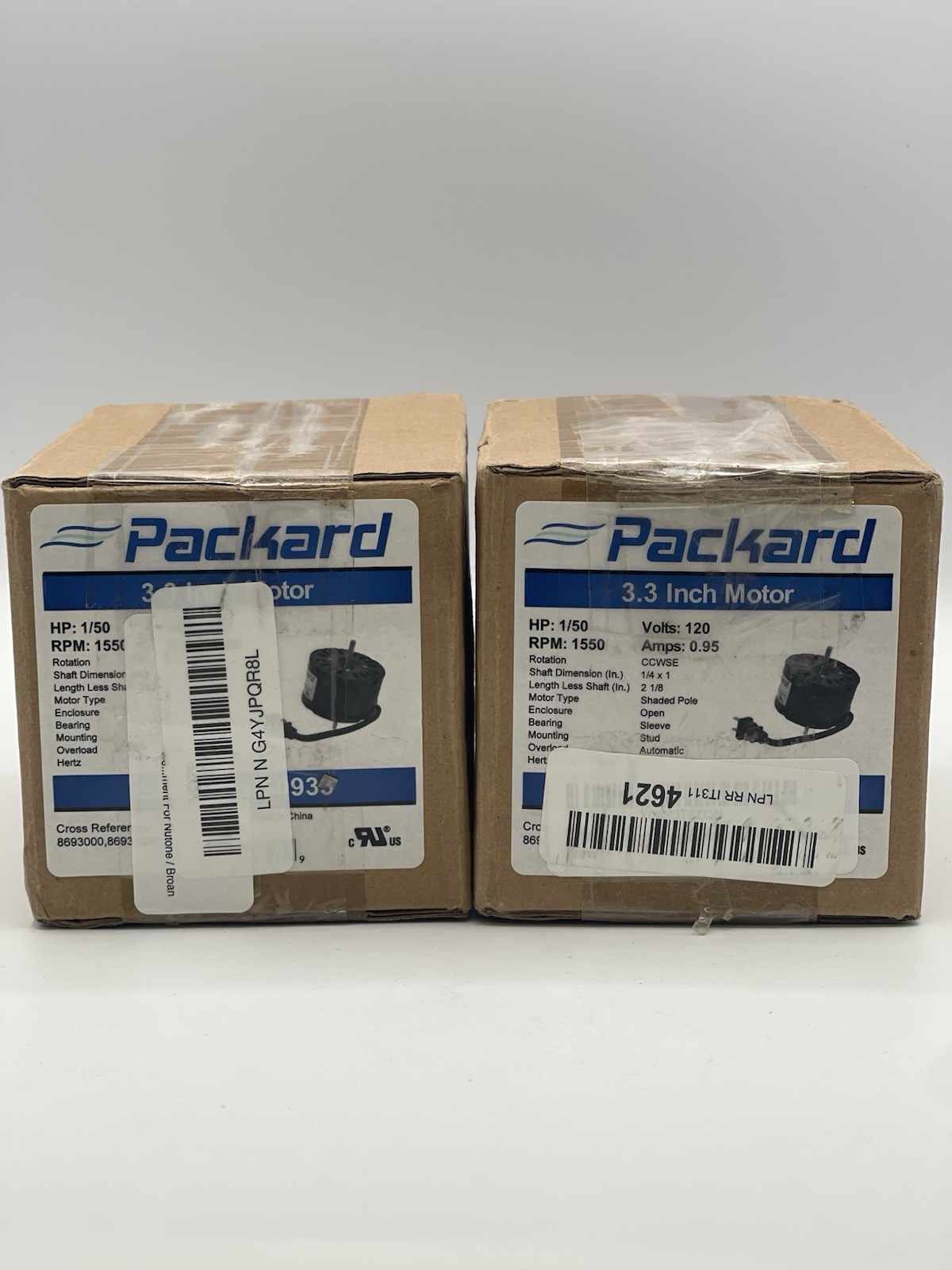Lot of 2 Packard 50933 Vent Fan Motors 1/50 HP 1550 RPM 115V 3.3” Dia New 5U