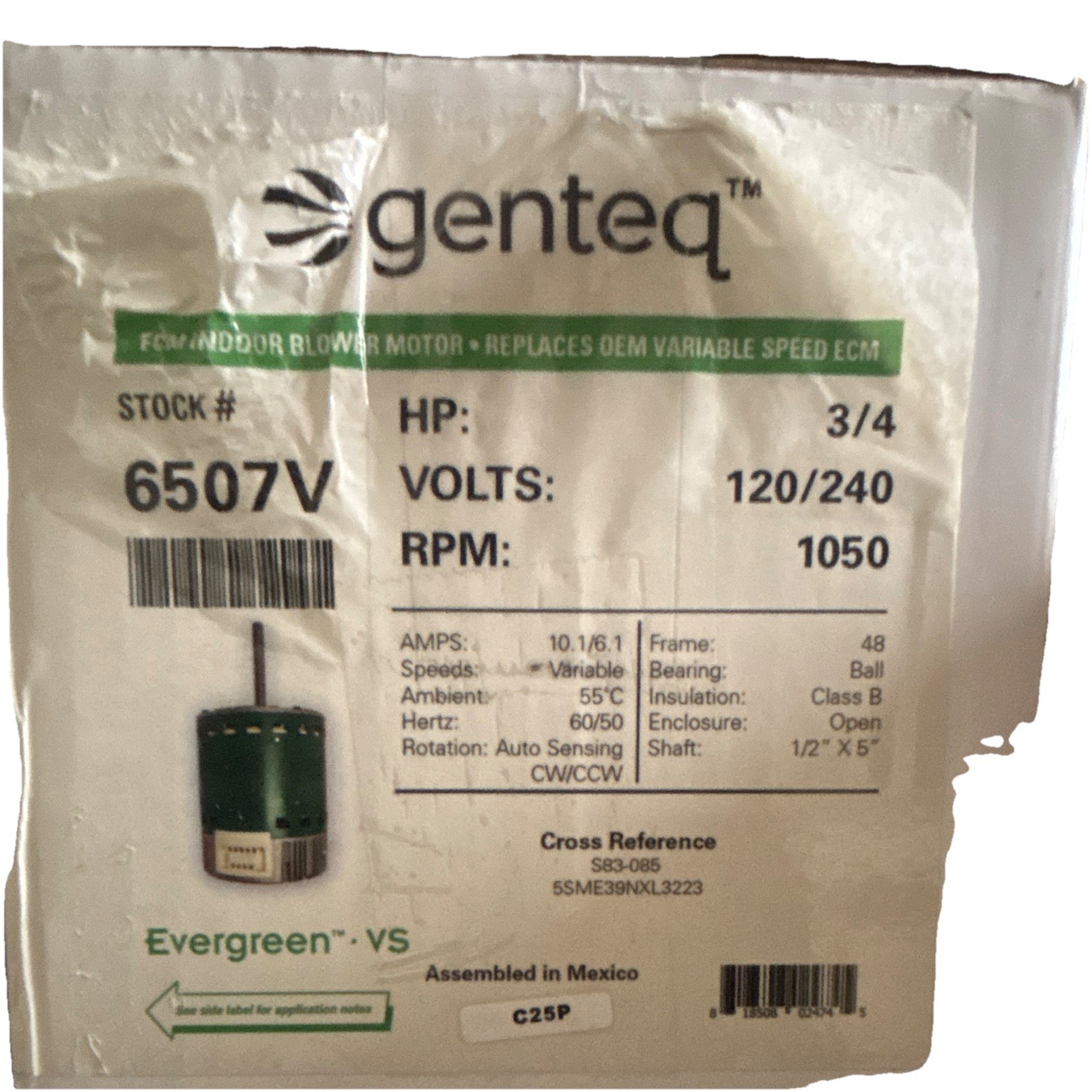 Genteq Evergreen VS 6507V Indoor Blower Motor 3/4 HP 120/240V Variable Speed