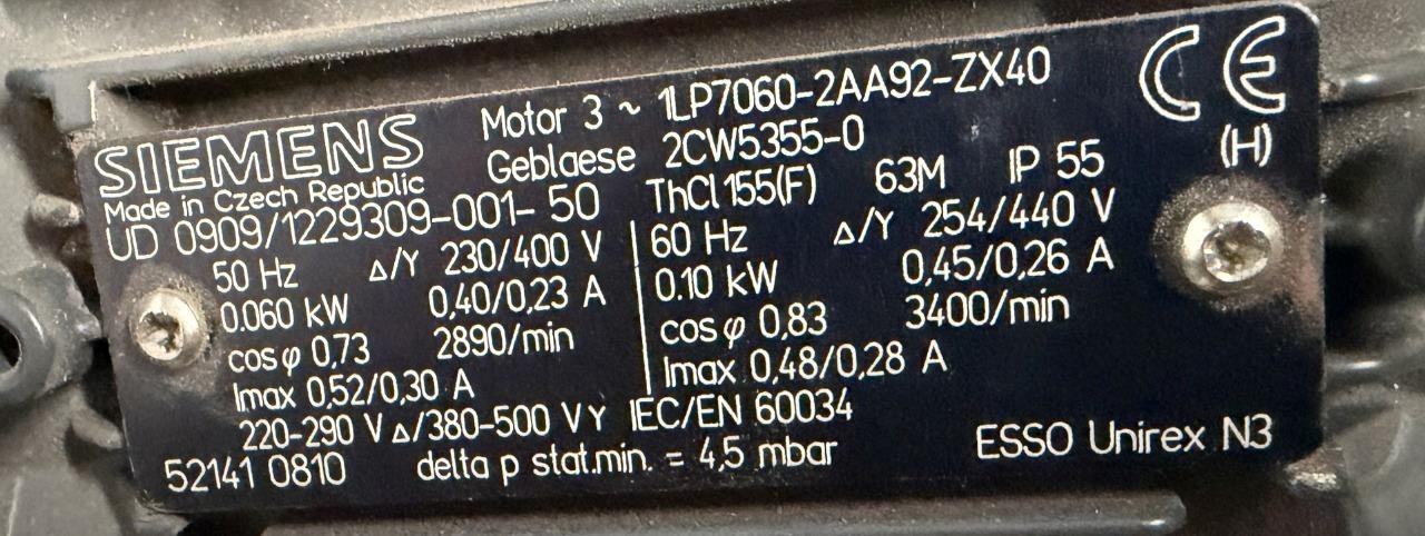 Siemens 1LP7060-2AA92-ZX40 0.10 kW Centrifugal Blower 3400 RPM 230/440V 3 Ph