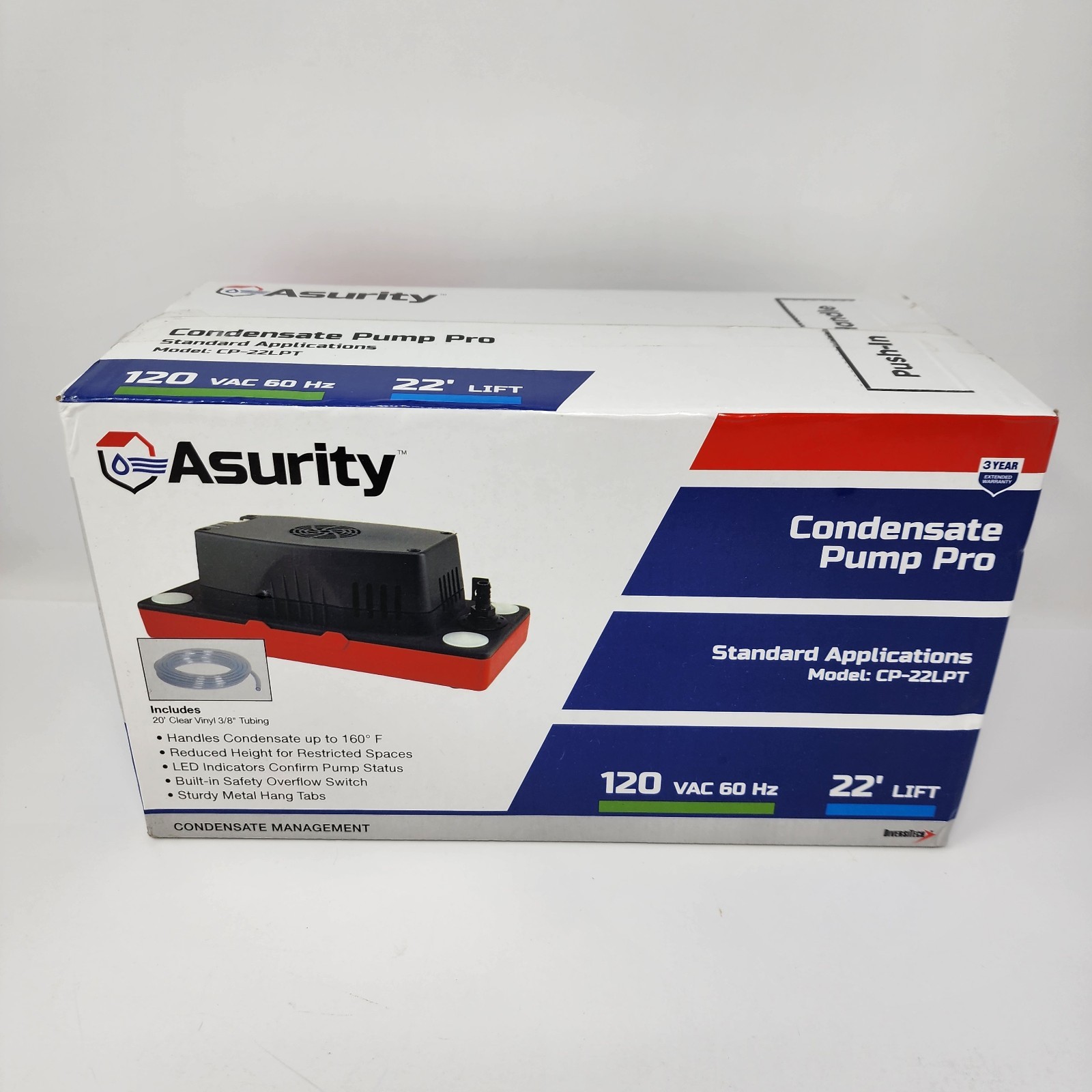 Asurity Condensate Pump Pro CP-22LPT 120 VAC 60Hz 22ft Lift Black Plastic HVAC