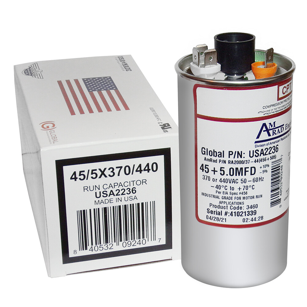 AmRad USA2236 45 + 5 uF MFD x 370 / 440 VAC Motor Run Capacitor Made in USA