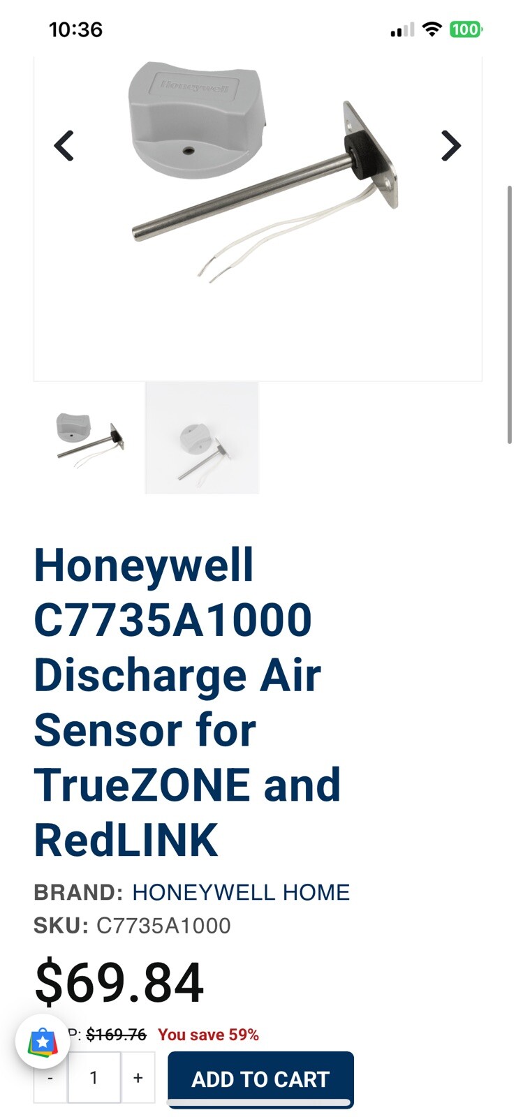1-Honeywell Home 50062329-001 10K Discharge/ Return Air Sensor