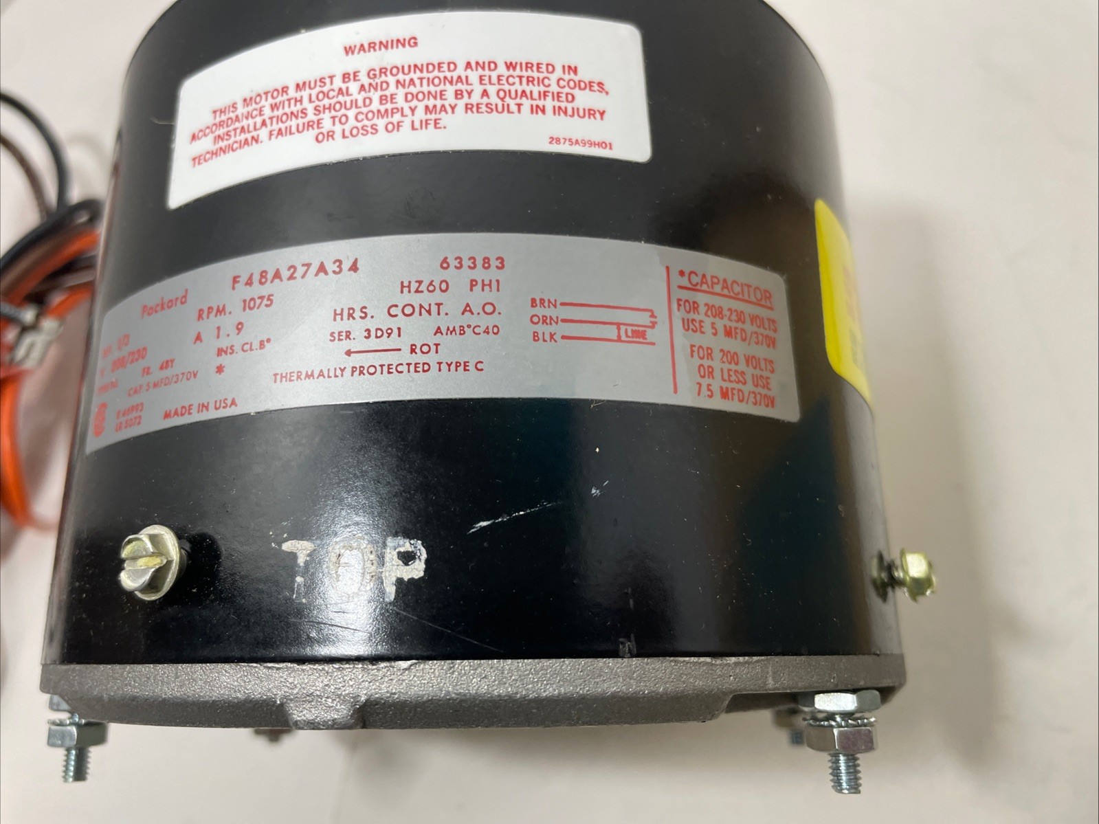 Packard Fan Motor 63383 Direct Drive 1075 rpm 1/3HP NOS 208/230 Volts In Box
