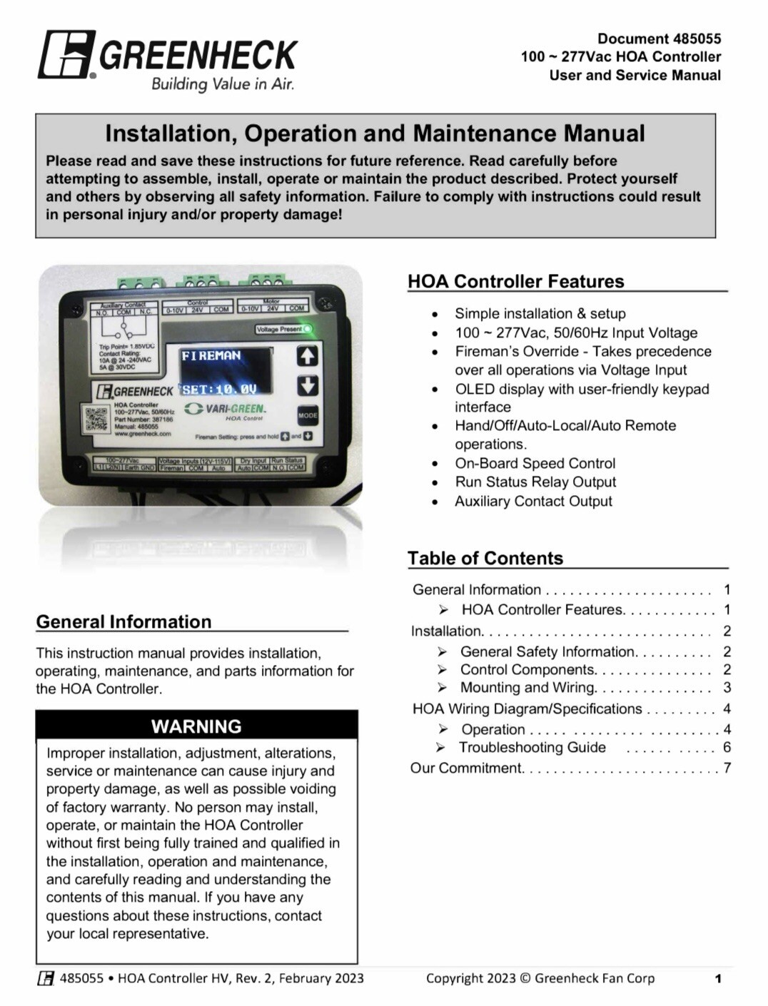 Greenheck 387186 Vari-Green HOA Control 100-277VAC 50/60 Hz Brand New No Reserve