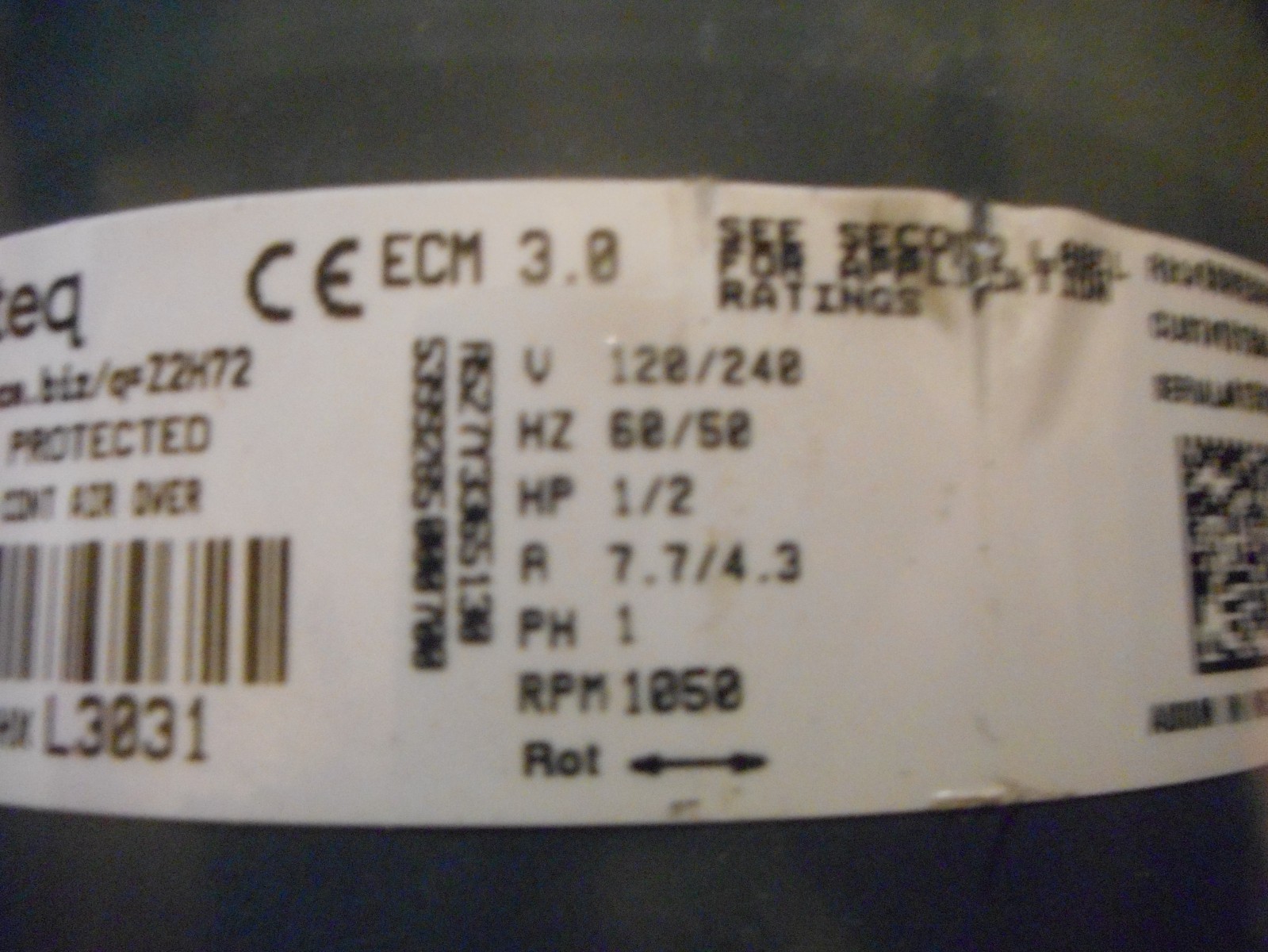 Genteq 5SME39HXL3031 ECM 3.0 Blower Motor 1/2HP 120/240V 1050RPM 101564-01