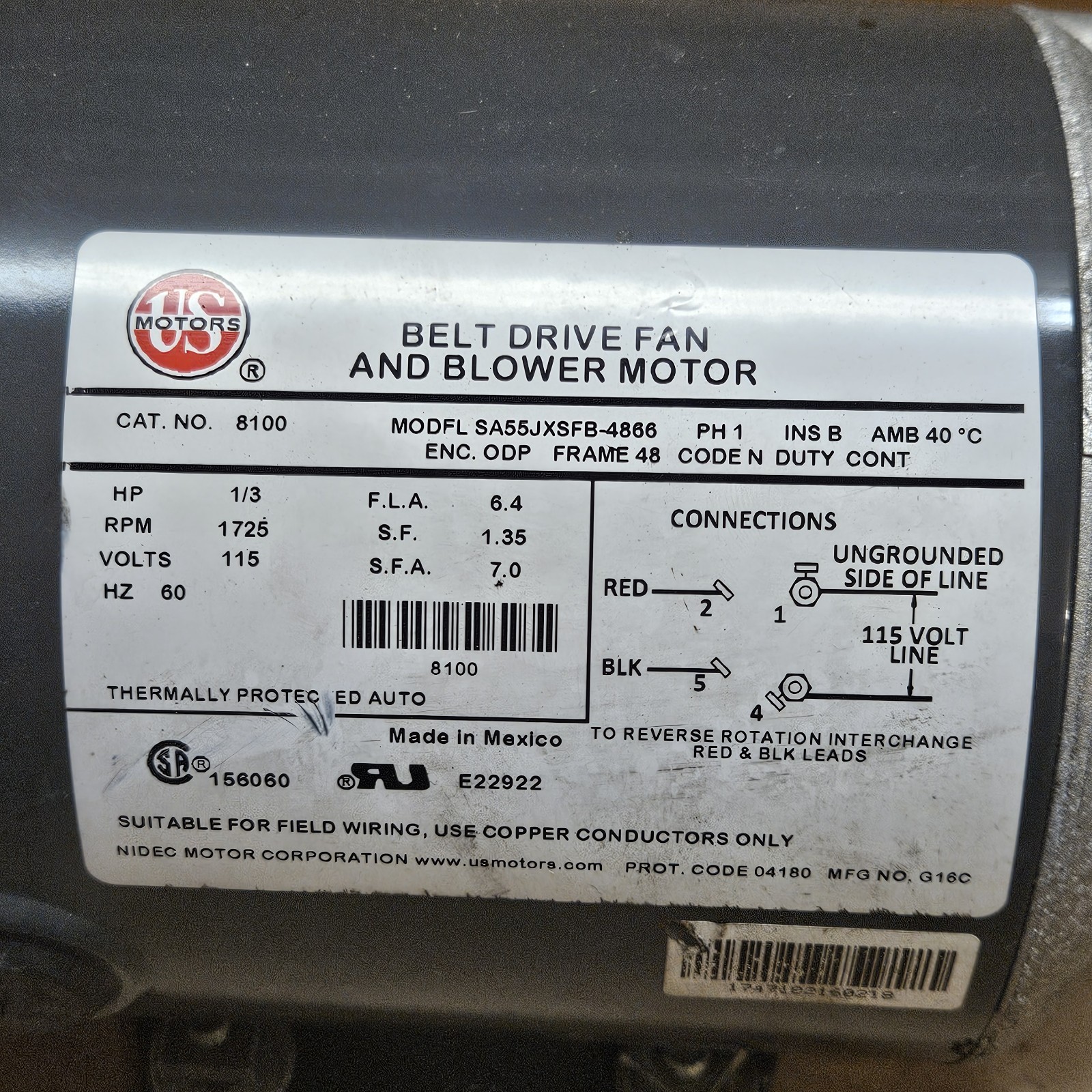 US Motors 8100 SA55JXSFB-4866 1/3HP 115V Furnace Belt Drive Fan / Blower Motor