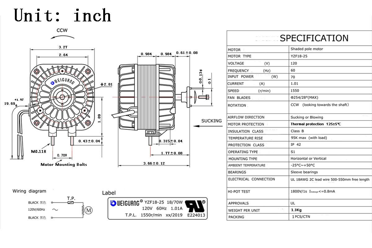 YZF18-25 Electric Fan Shaded Pole Motor 120V 60Hz 1.01A 18W AC Fan Motor for Sma