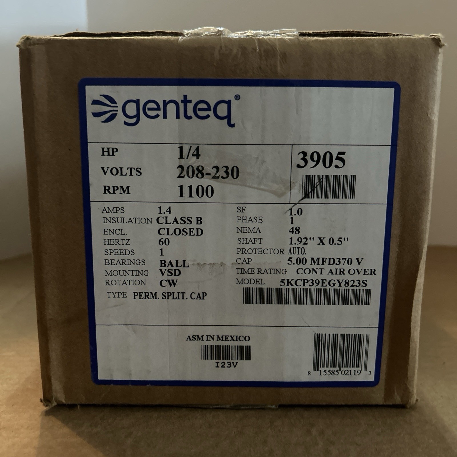 Genteq 1/4 HP OEM Replacement Motor, 1100 RPM, 208-230 Volts, 48 Frame, NOB