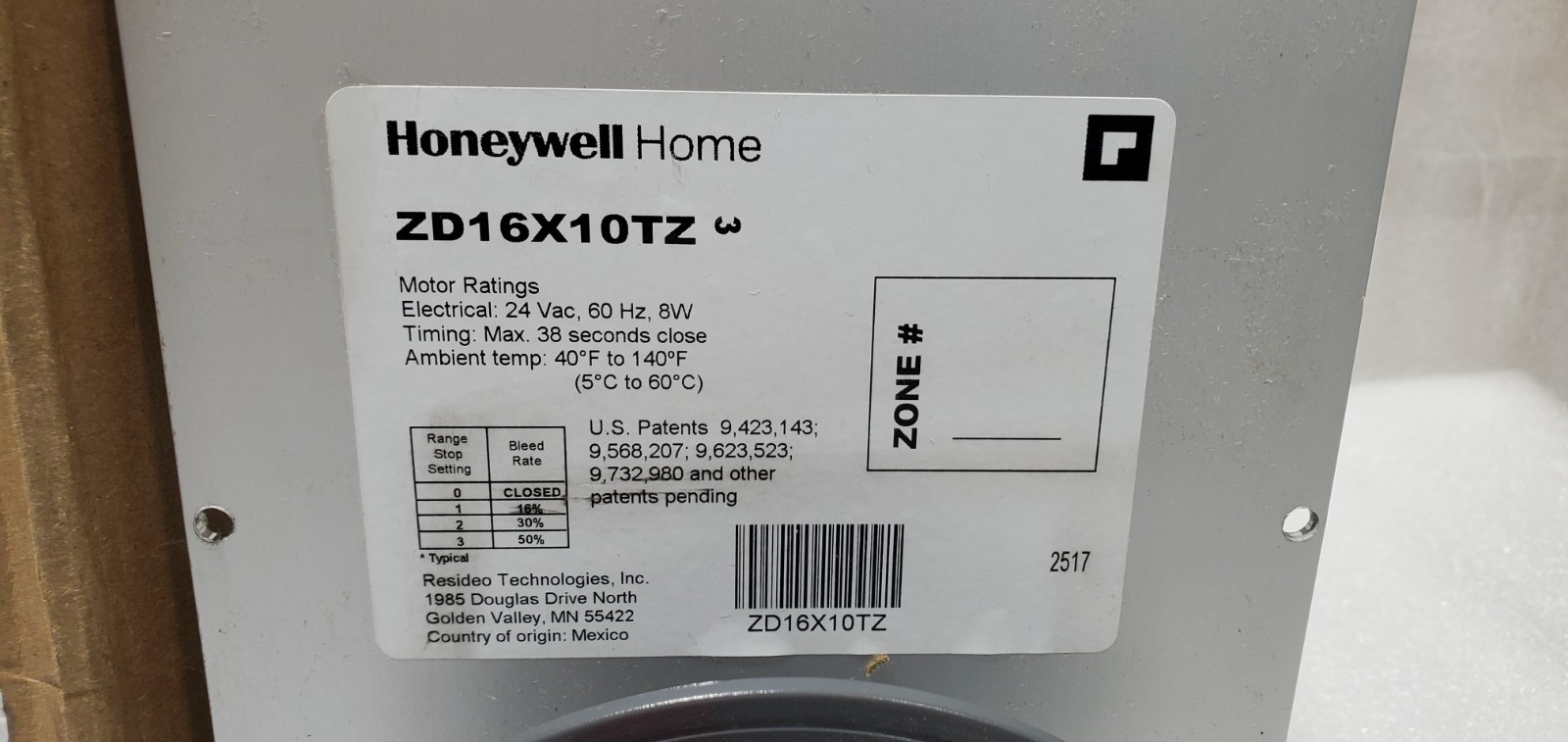 Honeywell TrueZONE ZD16x10TZ 16in x 10in Parallel Blade Zone Damper