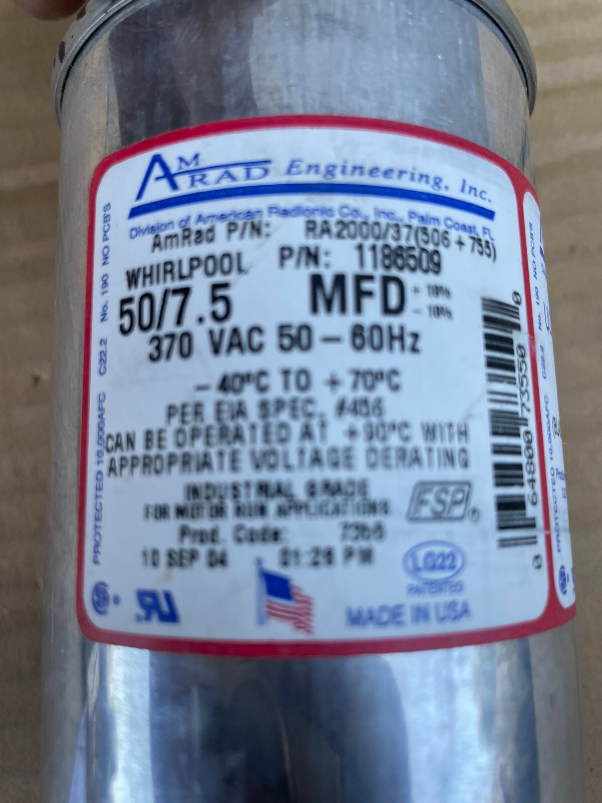 AmRad Run Capacitor 50 + 7.5 uf MFD 370 VAC Made in USA