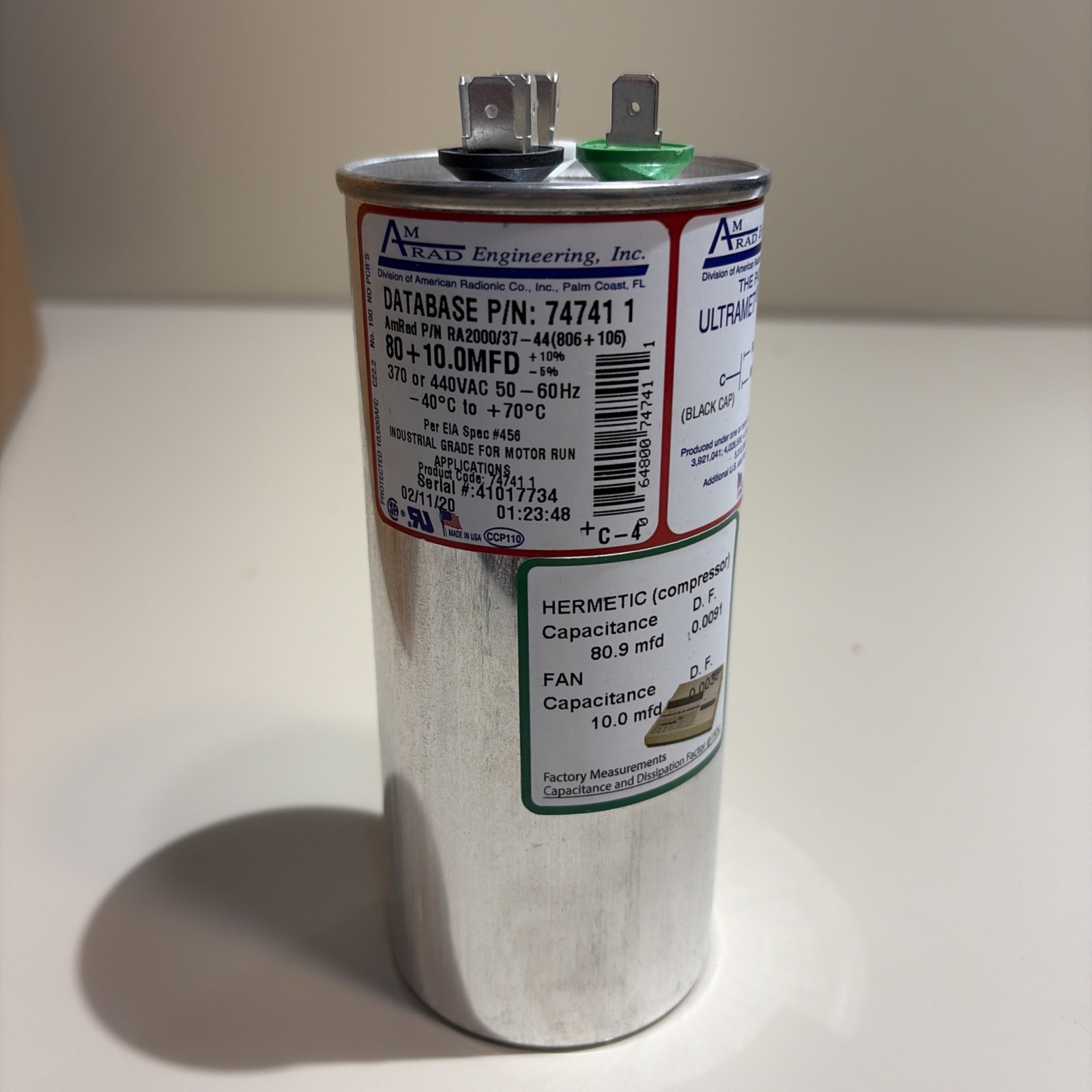 New AMRad 747411 80+10.0MFD RA2000/37-44 motor run capacitor